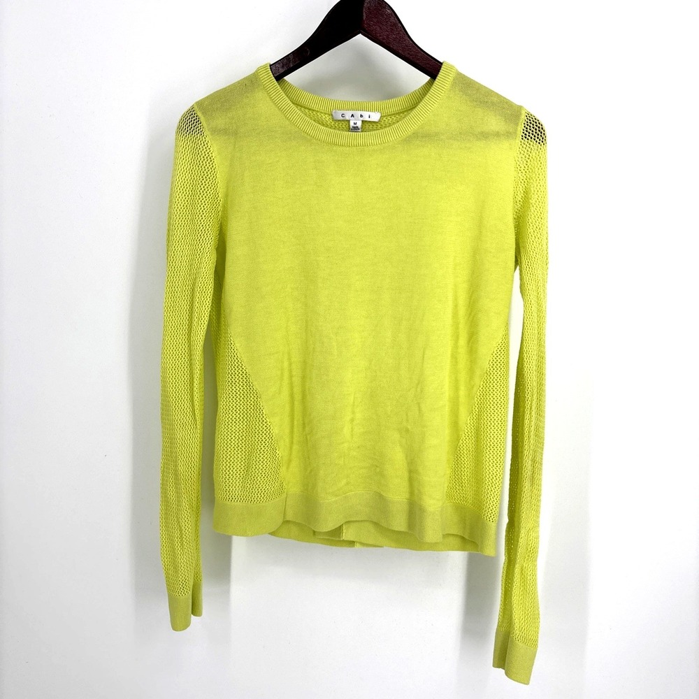 Cabi Womens Medium‎ Neon Green Open Knit Back & Sleeves Sweater Long Sleeve Top